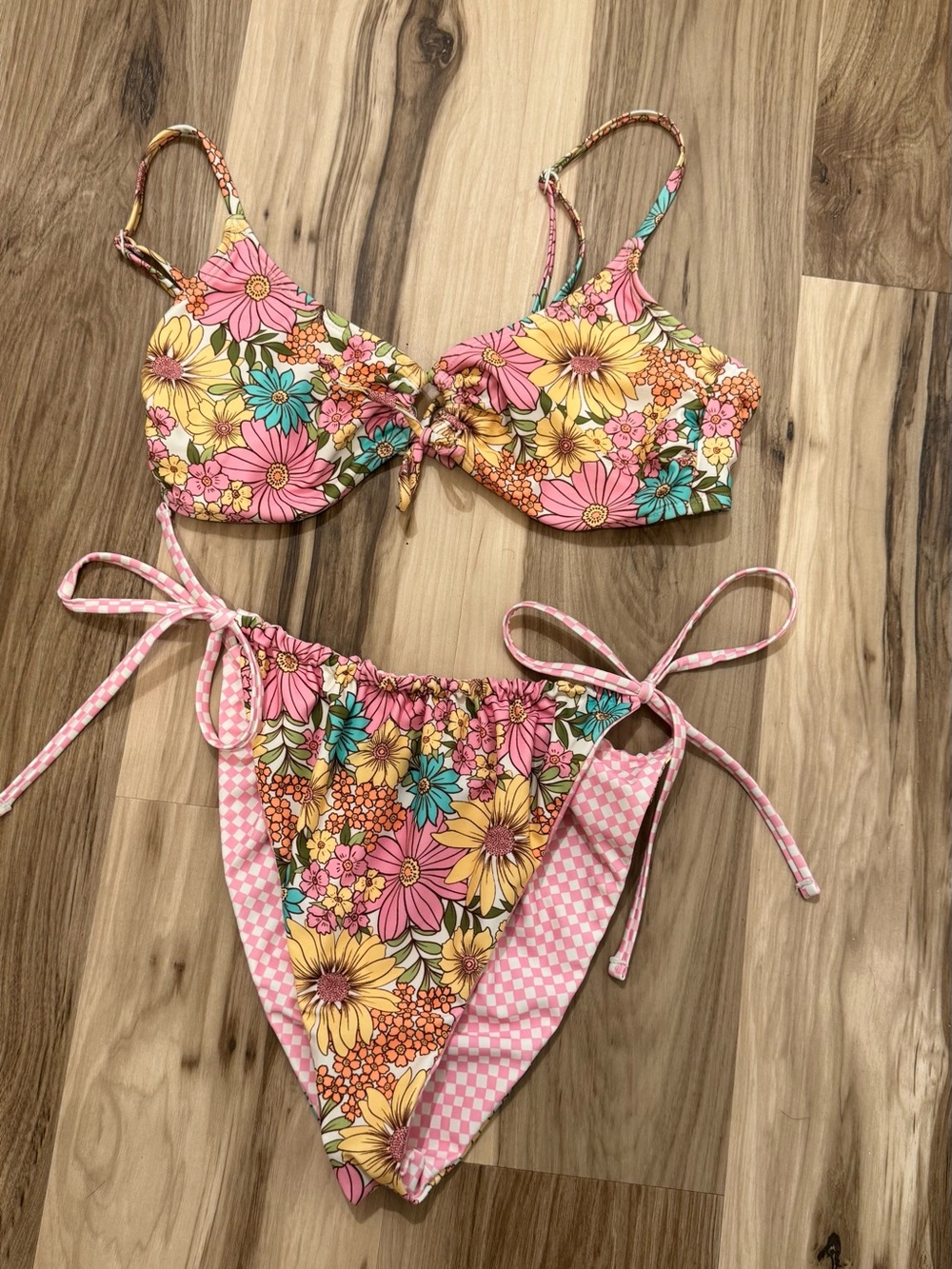 Women’s Bright Floral/checkered reversible Tie Bikini Set Pink Yellow & Teal L